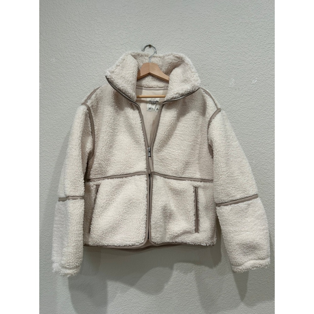 Abercrombie & Fitch Women XS Cream Sherpa Fleece Full Zip Jacket Tan Trim